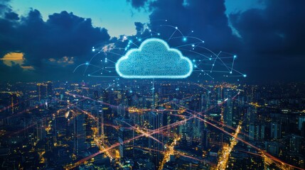 Aerial view of a city skyline with glowing lines representing cloud data flow and connectivity across buildings and infrastructure