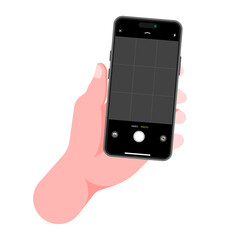 Hand Holding Smartphone for Photo and Video Shooting: Capture Moments with UI Features like Viewfinder, Focus Controls, and Record Button - Vector Illustration.