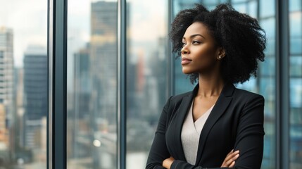 Fototapeta premium African-American woman in business attire, standing by a large glass window in a high-rise building, looking out over the city with a thoughtful expression