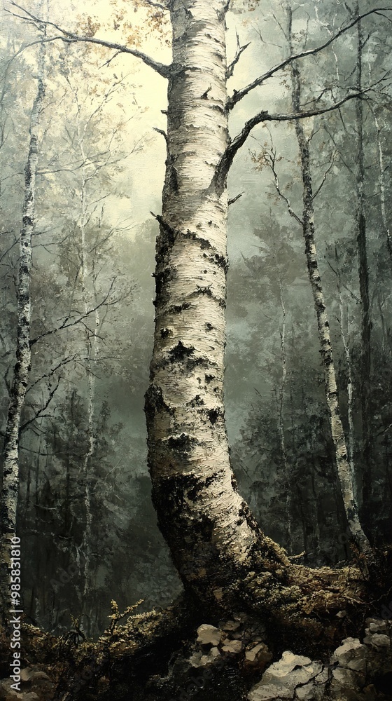 Wall mural Birch Tree in a Misty Forest - Nature Painting