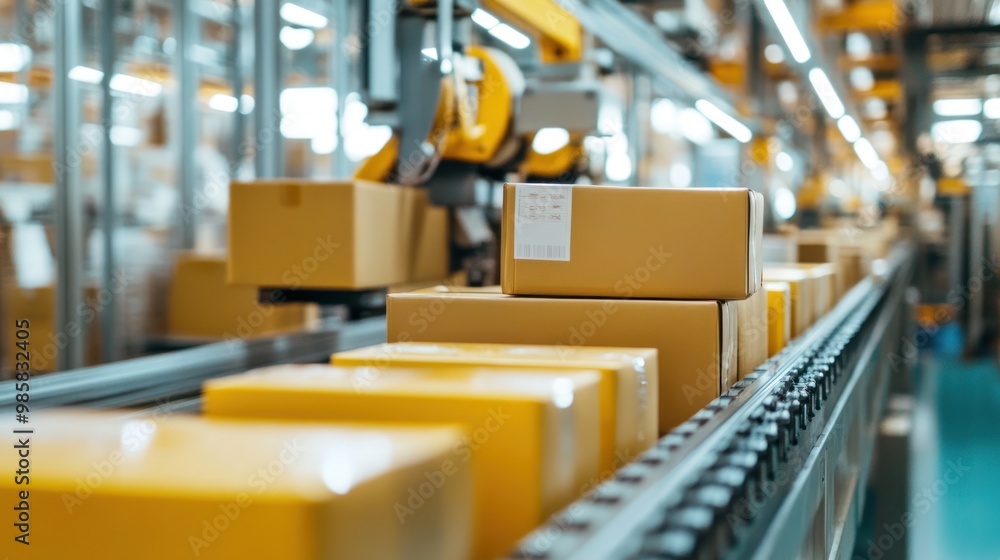 Poster assembly line of packaged goods being sorted and boxed for distribution in a high-volume food factor