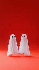 Cute white ghosts on minimalist color background with copy space