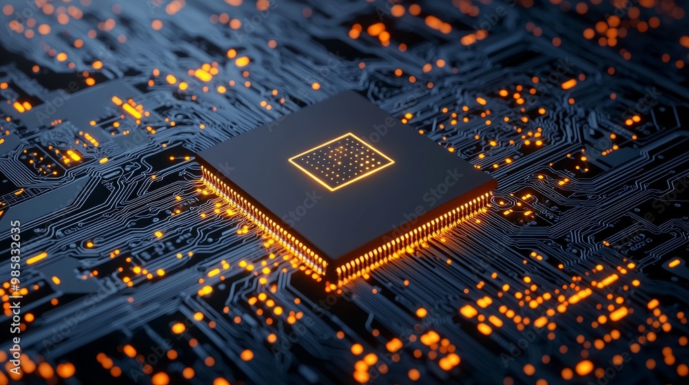 Poster 3d rendering of a futuristic motherboard connected to a battery symbol on a microchip in a technolog