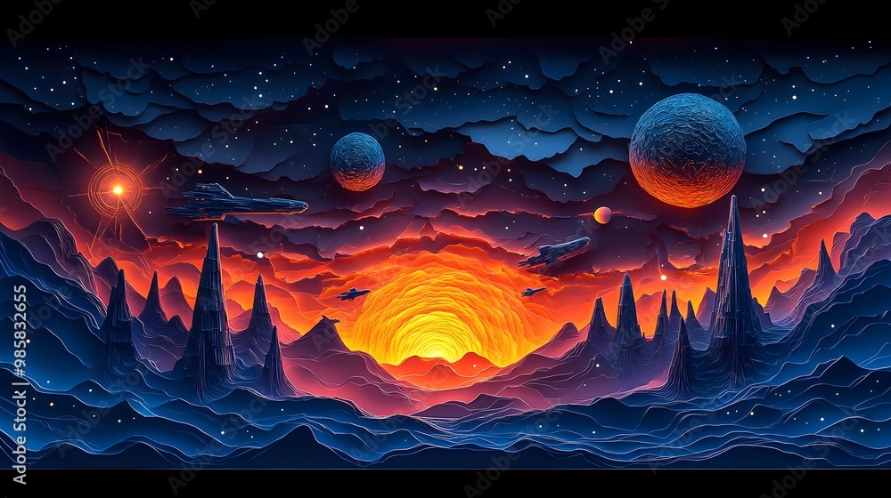 Poster Layered 3D Papercut Space Game Screen with Spaceships and Celestial Elements
