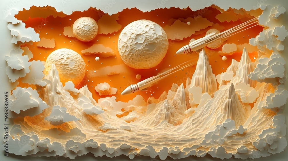 Poster captivating 3d paper cut space themed game screen with layered spaceships asteroids and laser beams