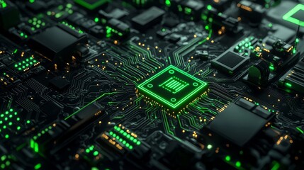Fototapeta premium Green Eco battery symbol on a microchip, data flows from the battery across the futuristic motherboard. 3D rendering.