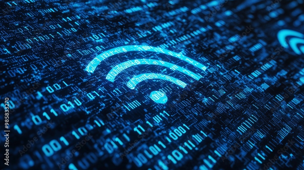 Poster the wifi symbol is displayed against the futuristic blue grid background in this 3d rendering of wir