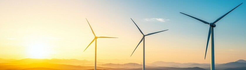 Fototapeta premium Wind turbines silhouetted against a colorful sunset.