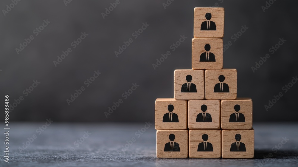 Poster wooden blocks stacked in a pyramid shape, each block features a person icon, representing a hierarch