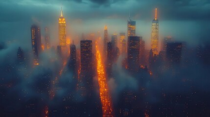 aerial view of manhattan at rush hour streets aglow with light trails from cars iconic skyscrapers pierce through a moody fog timelapse effect blends day and night seamlessly