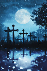 Full moon shining over a rainy graveyard at night, background
