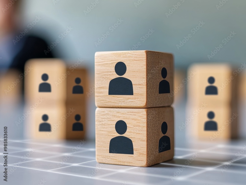 Poster wooden blocks with person icons stacked in a row, representing teamwork and collaboration.