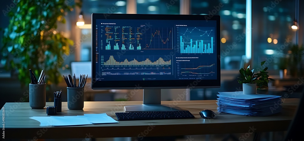 Poster computer monitor displaying graphs on desk at night in office.