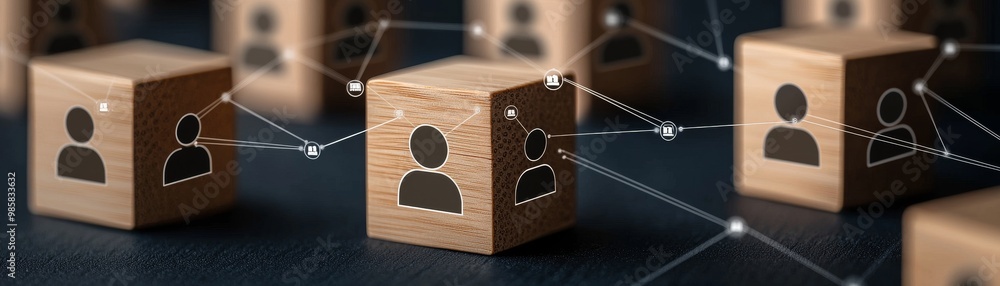 Poster wooden blocks with profile icons connected by lines. network concept.