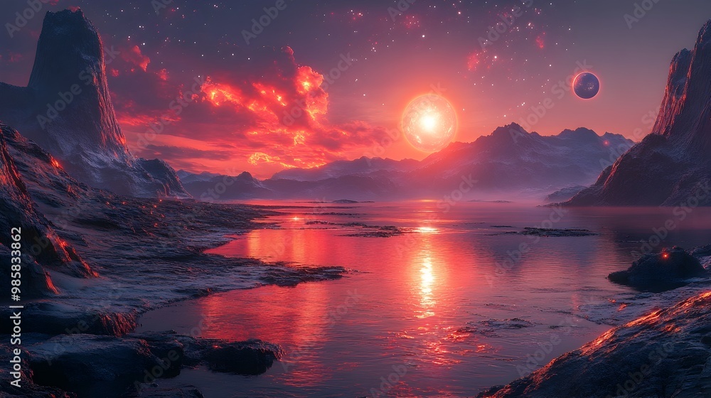 Poster distant exoplanet with surreal alien landscape and binary star system