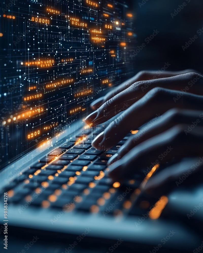 Poster close-up of hands typing on a laptop keyboard with glowing digital data in the background.