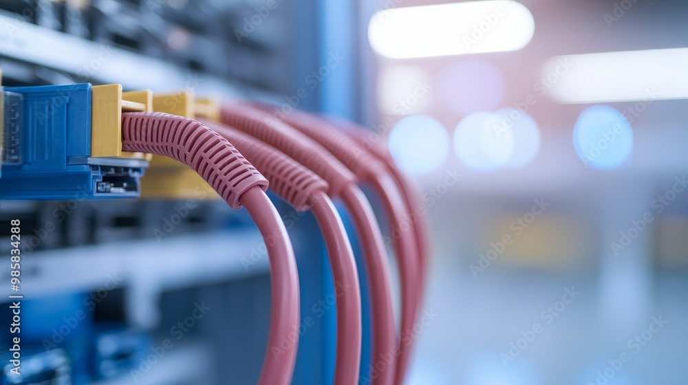 Aufkleber close-up of network cables connected to a server rack in a data center.