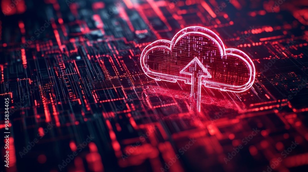 Poster an orange digital grid background containing a cloud upload symbol on data storage technology. 3d re