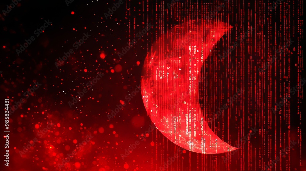 Poster network tech wallpaper in night mode with moon symbol against an orange futuristic digital grid. 3d 