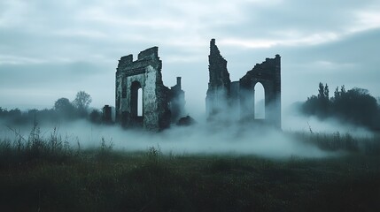 Obraz premium Eerie ruins shrouded in fog create a haunting atmosphere.