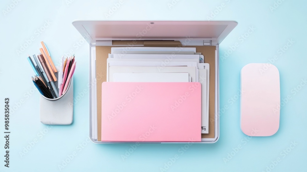 Poster an open folder on a minimalist workspace, representing organization and efficiency.