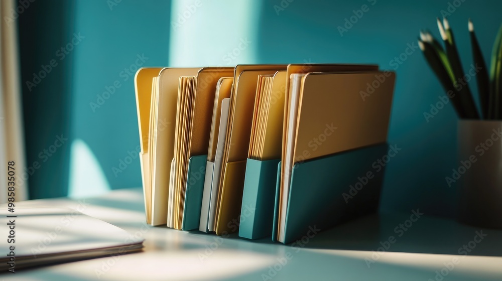 Poster an open folder on a minimalist workspace, representing organization and efficiency.