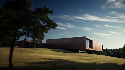 Obraz premium Modern wood-clad house on a grassy hill with a large tree in the foreground.