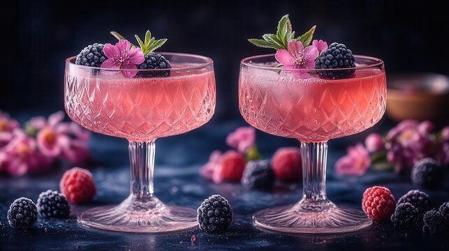 artisanal cocktail masterpiece two crystal glasses filled with a shimmering pink elixir garnished with frozen berries and edible flowers exuding sophistication and flavor