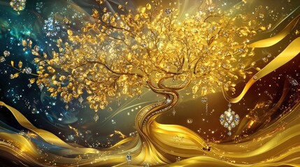 Elegant golden tree with various falling ribbons adorned with diamonds and jewelry, against a vibrant futuristic backdrop, vector art illustration