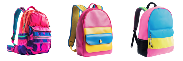Three Colorful school backpacks mockup set, bag with handle for branding isolated Png, transparent without background.