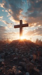 A wooden cross shining in the sky, atop an old hill covered with rubble and grasses. God rays, a dramatic sky, photorealistic, hyper-detailed, and a cinematic look.