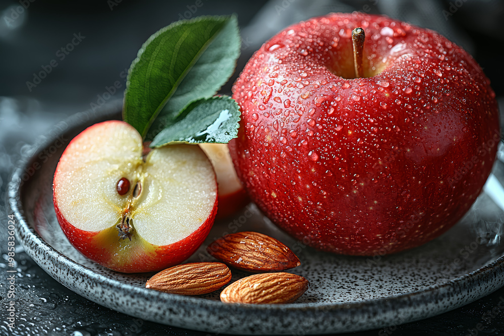 Wall mural A close-up of a juicy red apple and a handful of almonds on a white plate, promoting healthy snacking habits.