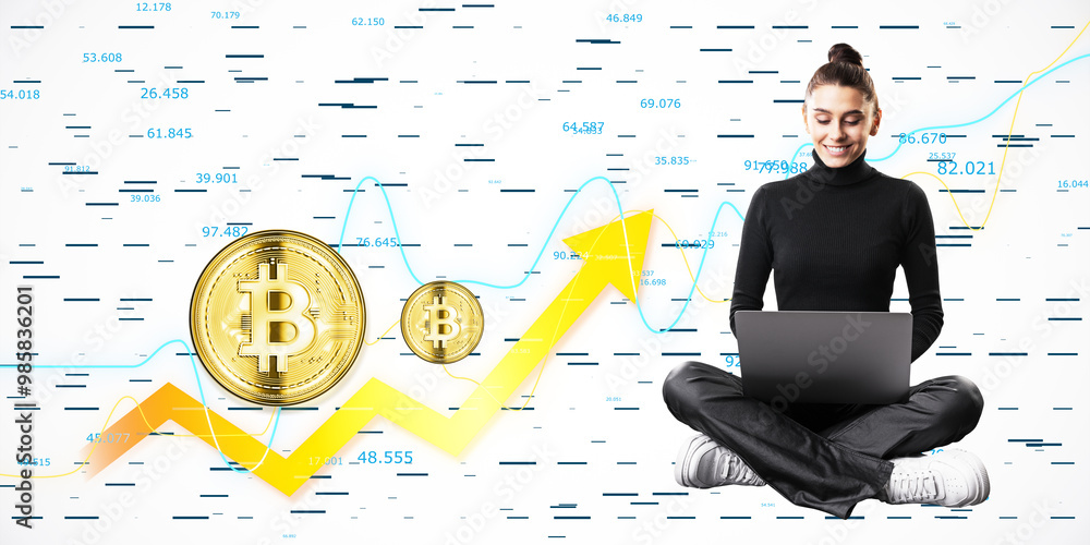 Poster Woman sitting cross-legged using a laptop with Bitcoin symbols and financial graphs in the background.
