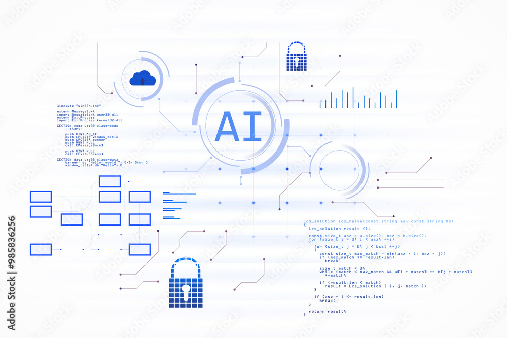 Fototapete Digital AI Interface with Code and Security Icons on White Background. 3D Rendering