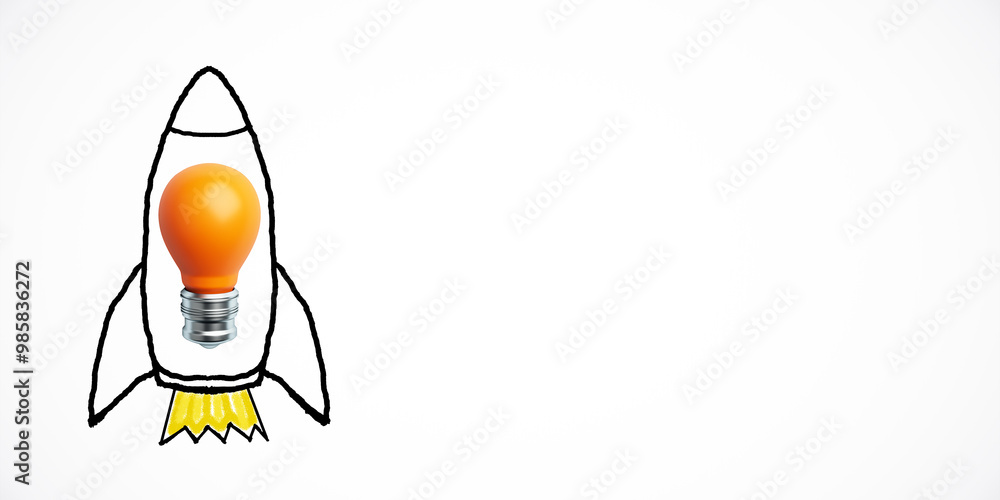 Poster illustration of a light bulb as a rocket on a white background. 3d rendering