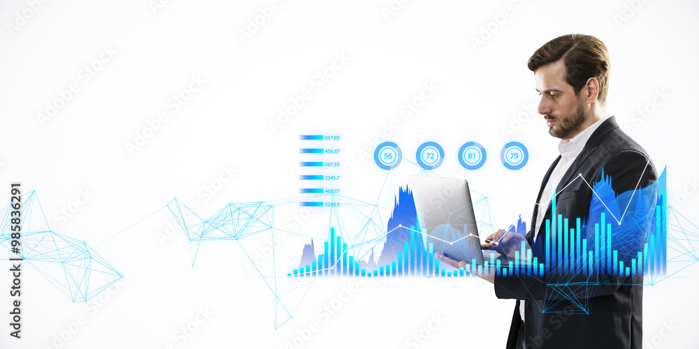 Poster businessman using laptop with digital graphs and charts overlay on a white background.