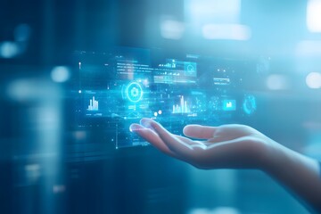 Hand reaching out to a digital interface with glowing blue data and icons.