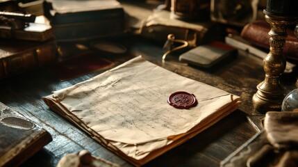 Close-up of a folded vintage letter, sealed with a wax stamp and surrounded by antique items.