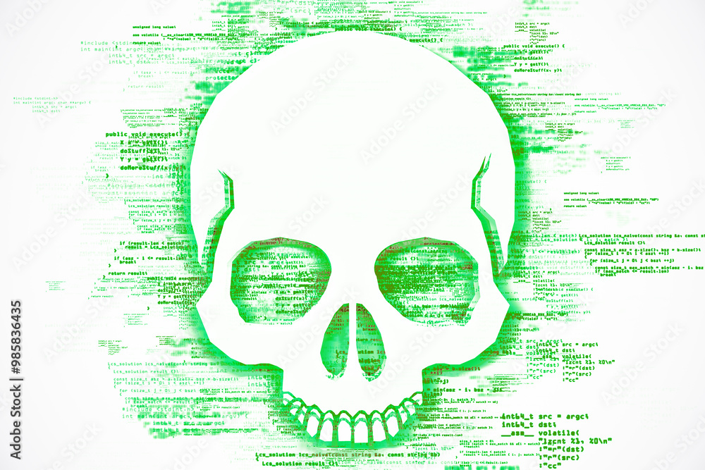 Aufkleber digital skull composed of green code on white background. 3d rendering
