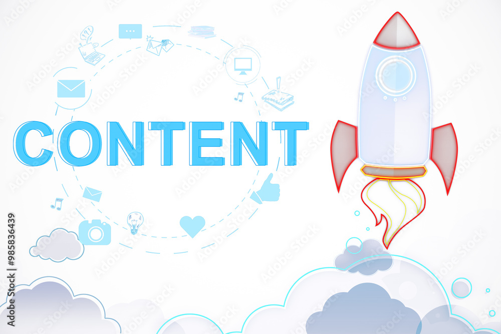 Aufkleber content creation concept with rocket on white background. 3d rendering