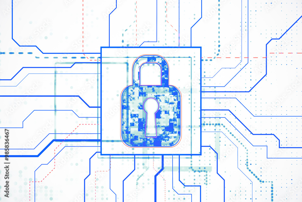 Poster Digital Padlock on Circuit Board. 3D Rendering