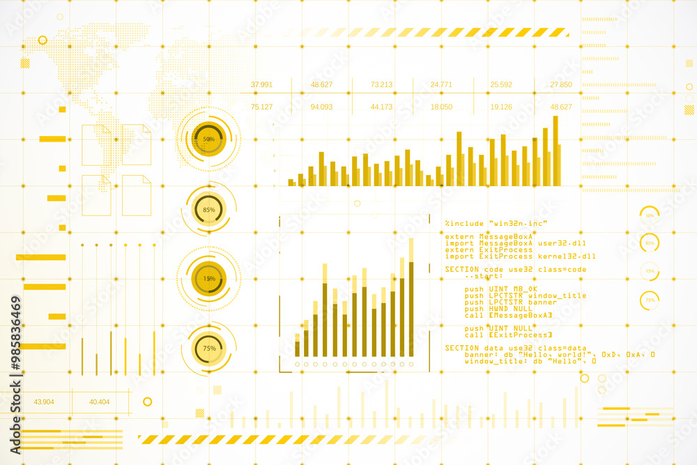 Leinwandbilder digital interface with charts, graphs, and codes on a white background. 3d rendering