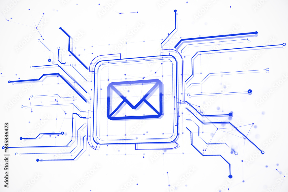 Poster 3d rendered circuit board with email icon on white background. 3d rendering