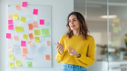 A confident woman in a yellow sweater presents in front of a wall covered with colorful sticky notes, highlighting brainstorming and collaboration.