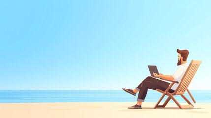 Digital nomad working on beach, productivity, flat design illustration
