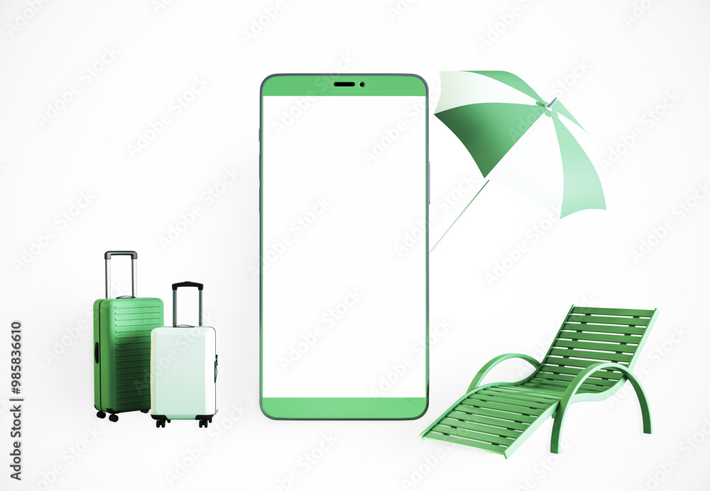 Poster smartphone with travel items on white background. 3d rendering