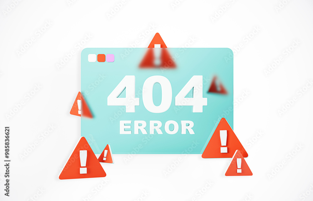 Poster 404 Error Message with Warning Triangles on Light Background. 3D Rendering