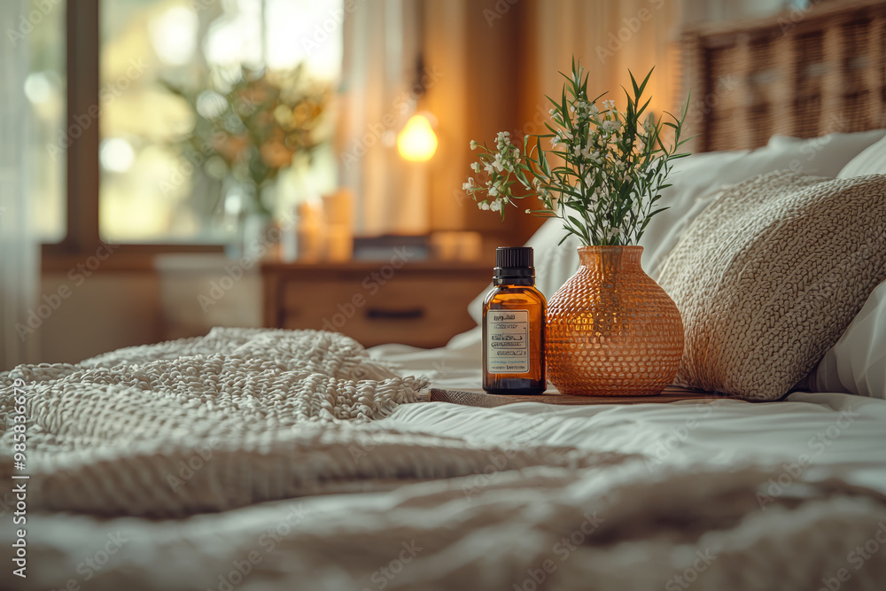 Aufkleber a bedside table with a bottle of essential oils and a diffuser, illustrating methods to enhance slee