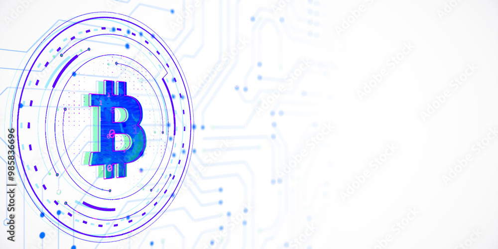 Poster Bitcoin symbol with futuristic circuit background. 3D Rendering