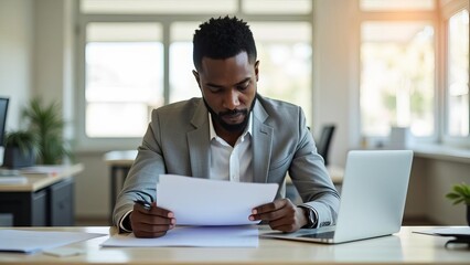 Fototapeta premium Focused Businessman Reviewing Documents: Professional Analysis and Decision Making in Office Setting